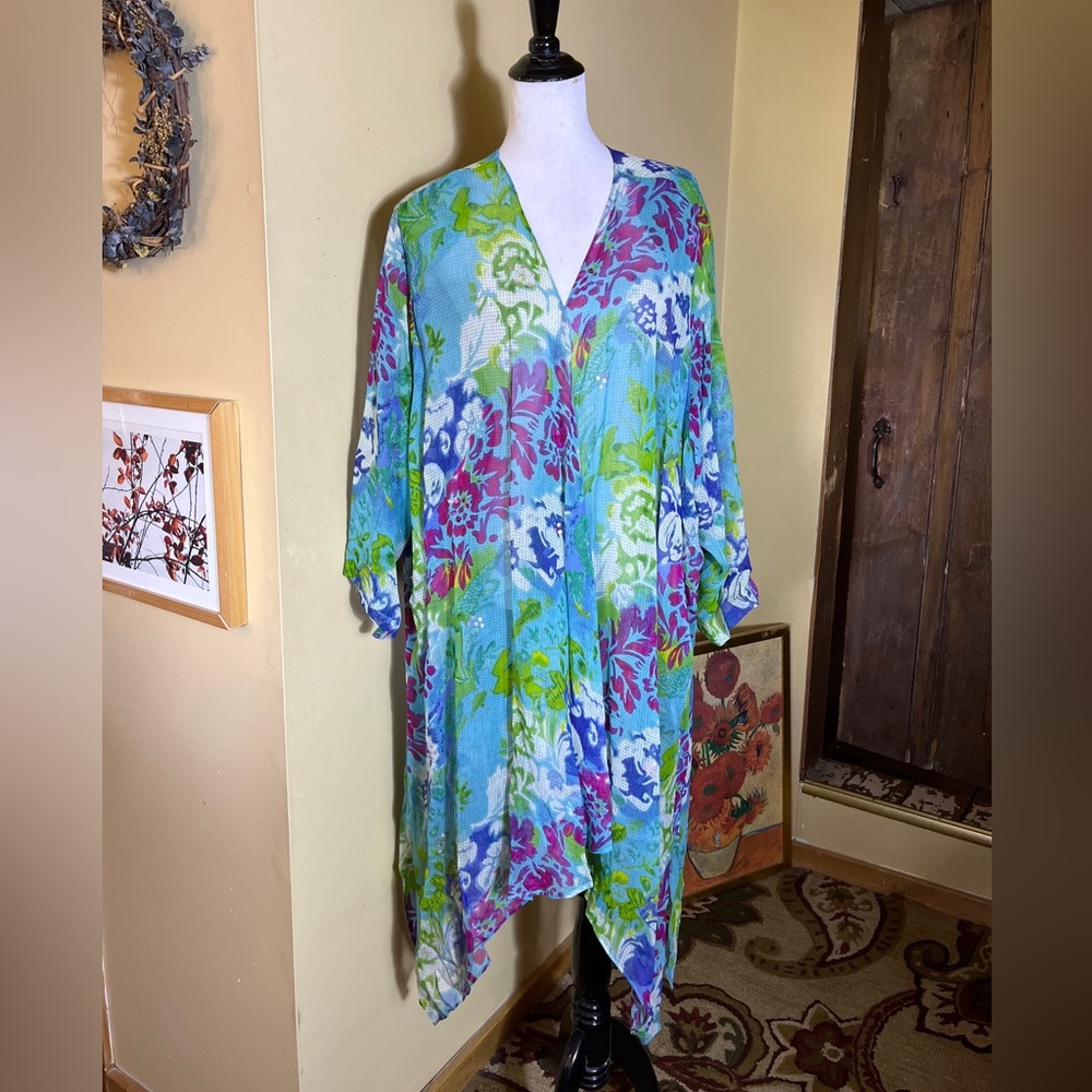 ULLA POPKEN Size 28/30 Kimono Style Topper OpenFront Cardi Floral Sequin $128NEW